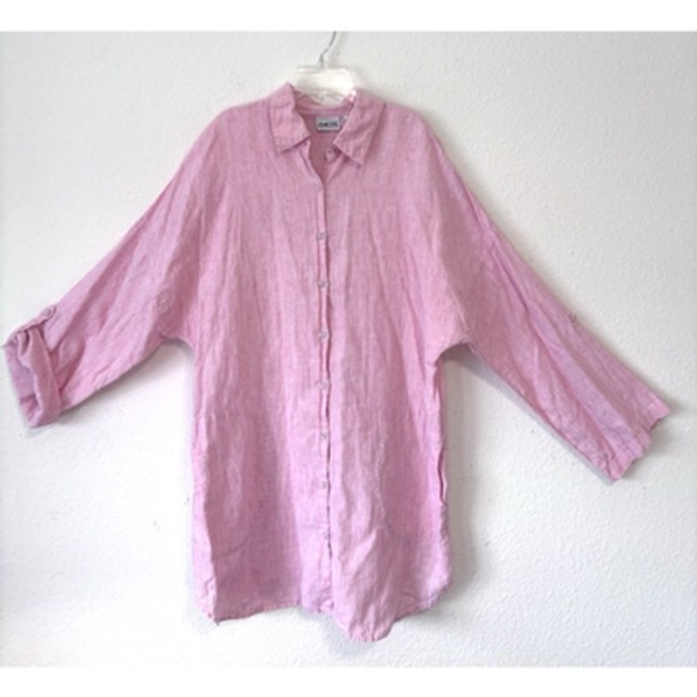 Chico's 100% Linen Tunic Top Womens Size 2X Pink Striped Button‎ Front Pockets